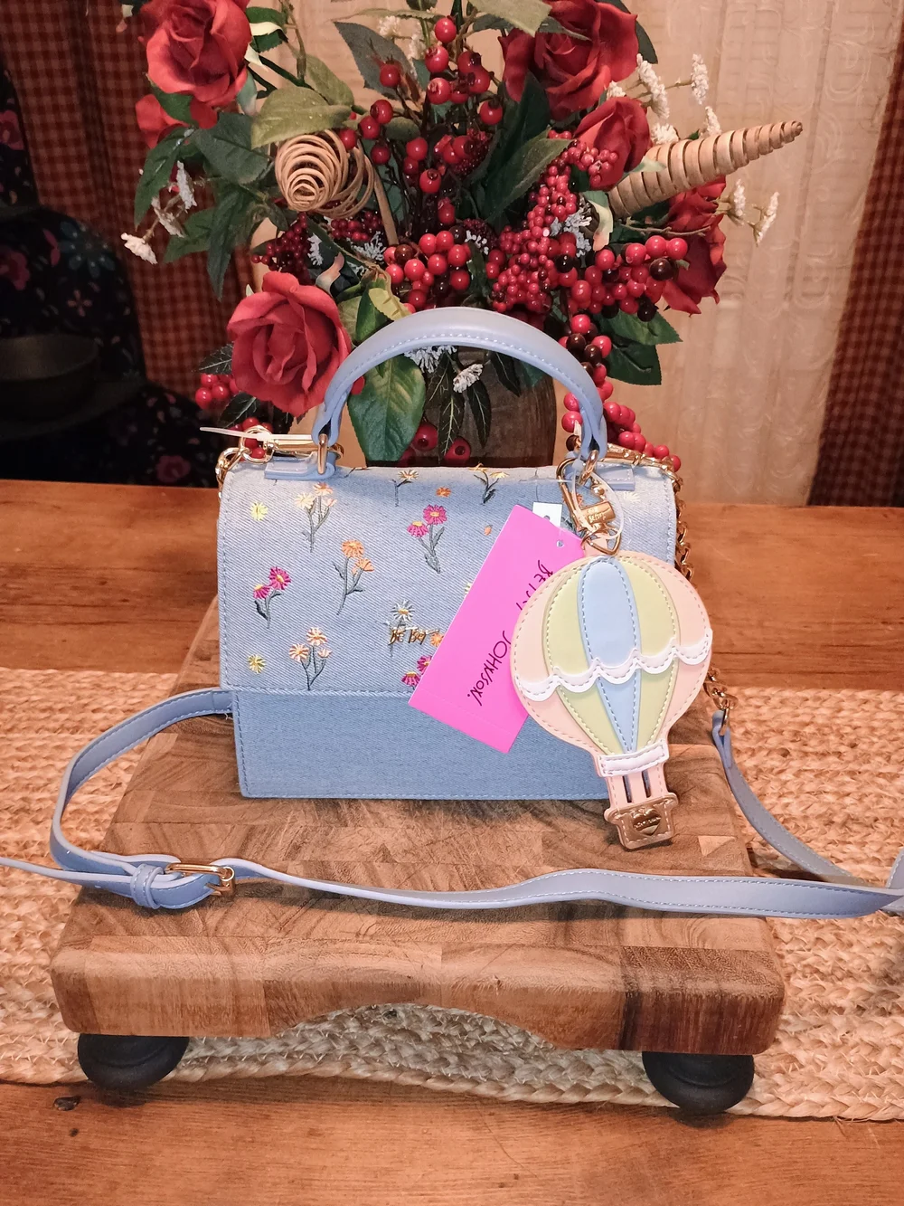 Blue Floral Embroidered Top-Handle Crossbody Bag